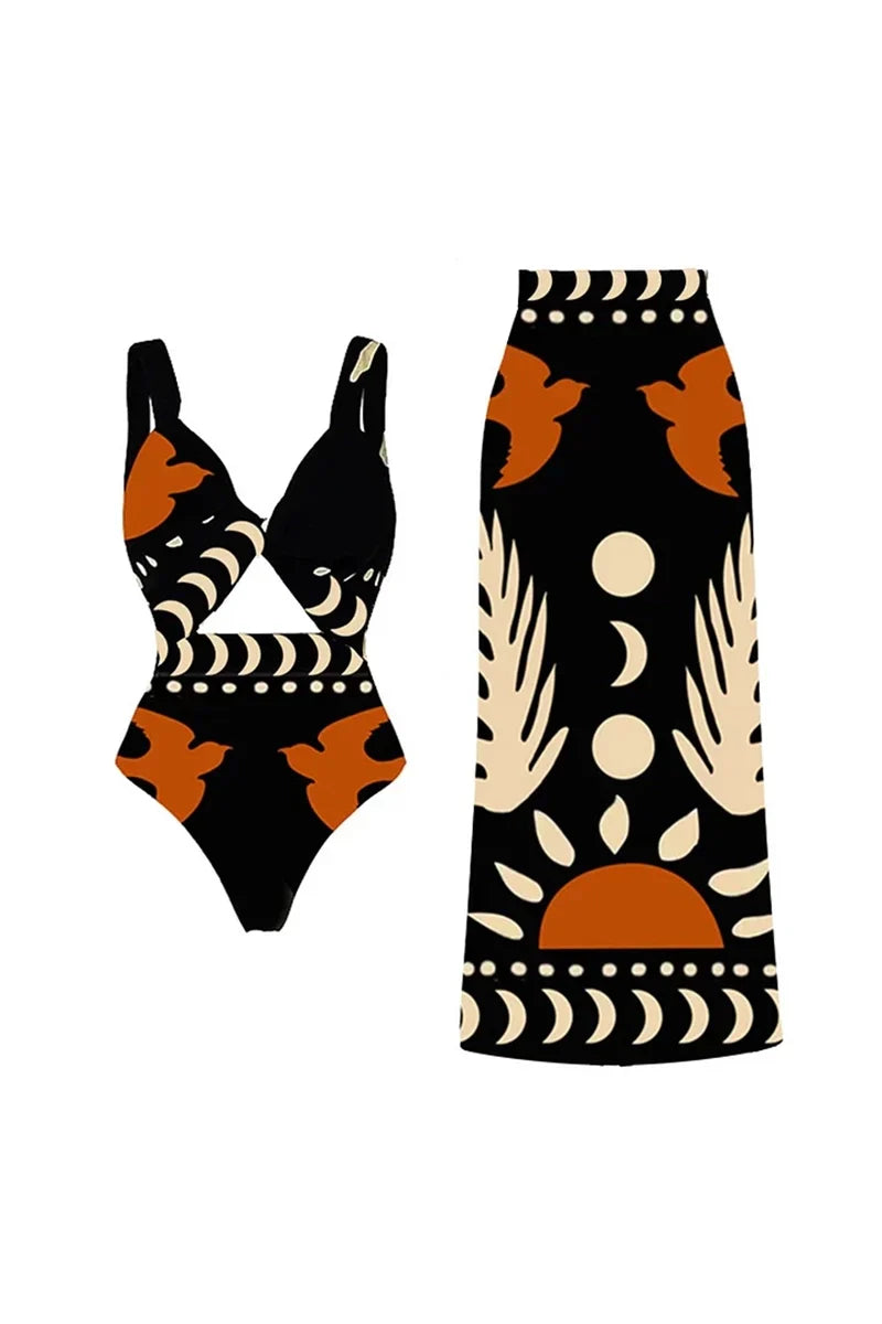 Traje de baño de cintura alta con estampado gráfico
