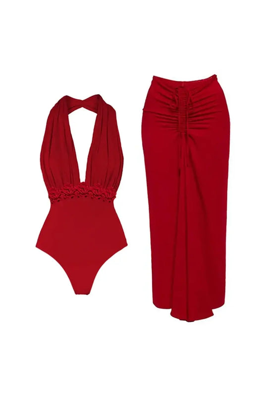Conjunto de traje de baño de una pieza liso con cuello halter y escote en V profundo
