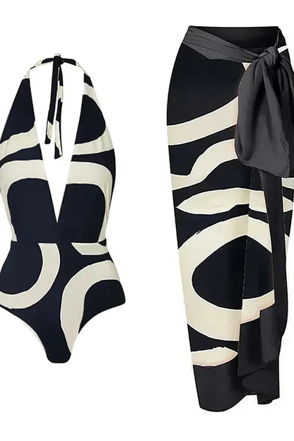 Traje de baño de una pieza con cintura alta y cuello halter con bloques de color