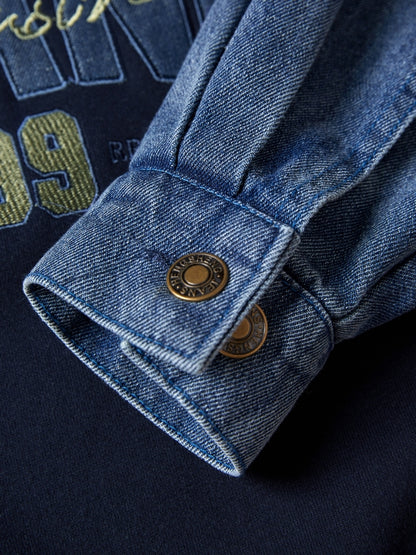 Denim Splice Letter Print Lapel Neck Oversized Hoodie