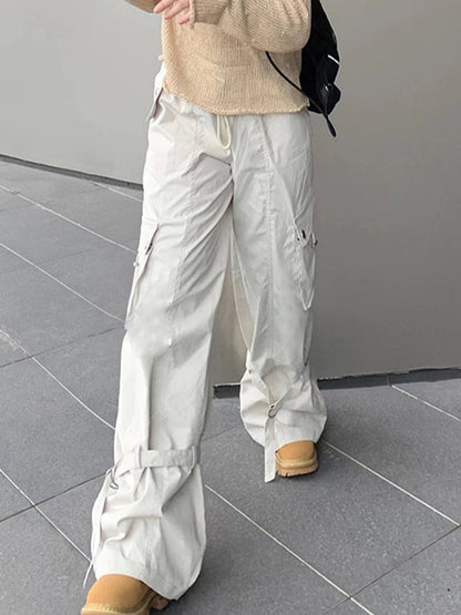 Vintage Big Pocket Drawstring Buckle Design Cargo Pants