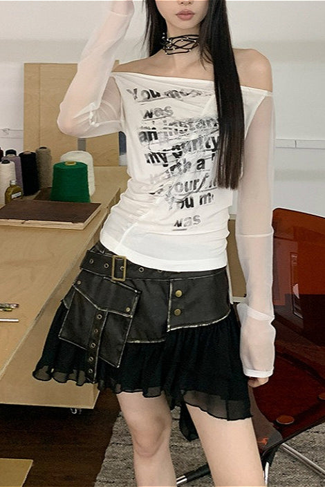 Punk Letter Print Mesh Lace Ruch T-shirt