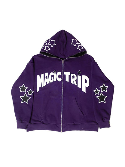 Letter Star Print Contrast Color Oversized Hoodie
