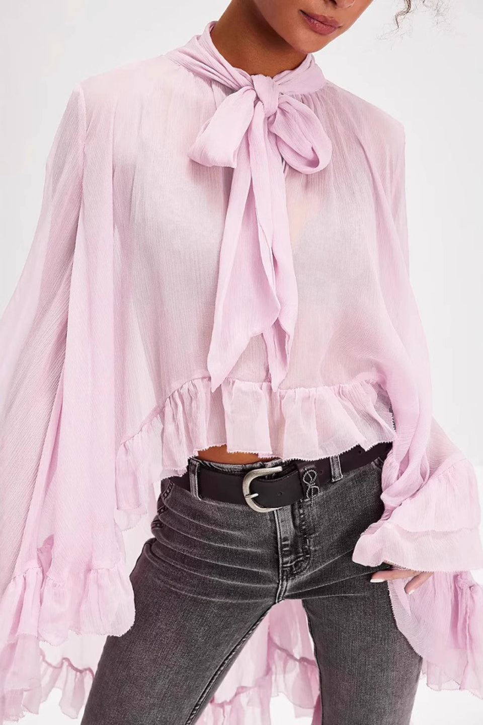 Sheer Flare Sleeve Tie Blouse