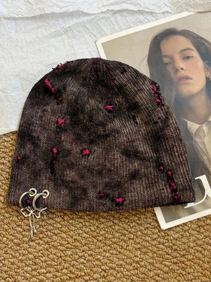 Harajuku Hole Design Iron Ring Skull Knitted Beanie Hat