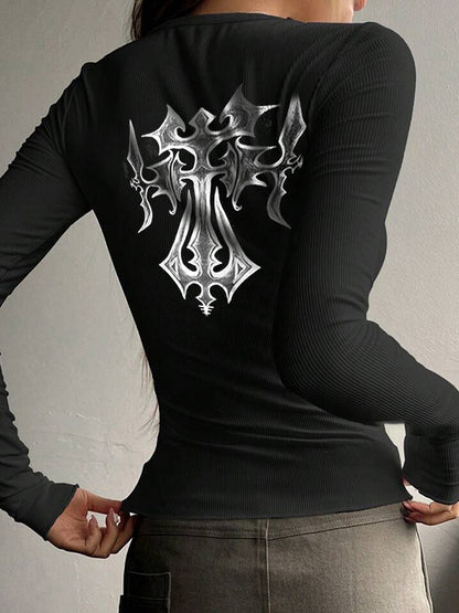 Cross Print V Neck Breasted Long Sleeve Knit
