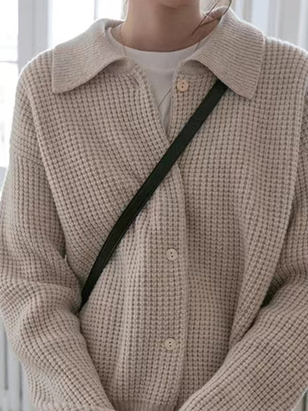 Solid Waffle Lapel Neck Cardigan