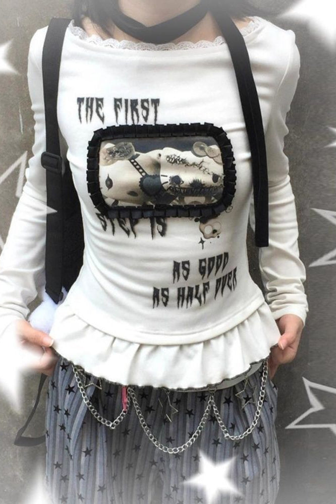 Y2K Grunge Printed Slim Lace Patchwork Long Sleeve T-shirt