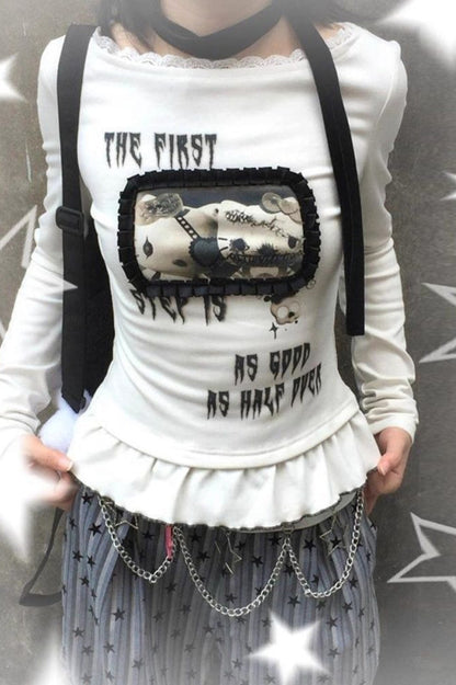 Y2K Grunge Printed Slim Lace Patchwork Long Sleeve T-shirt