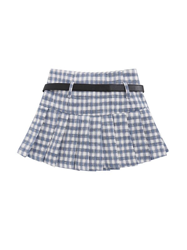 Plaid Pleated With Star Belt Mini Skirts