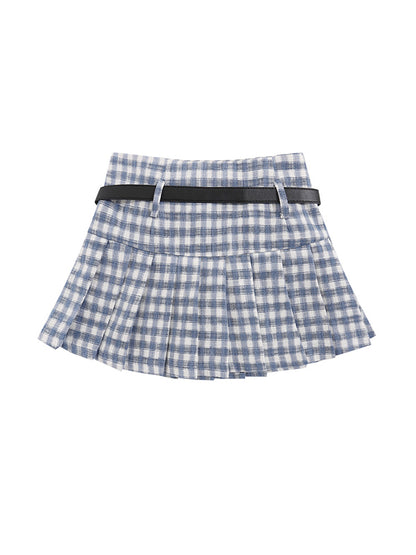 Plaid Pleated With Star Belt Mini Skirts