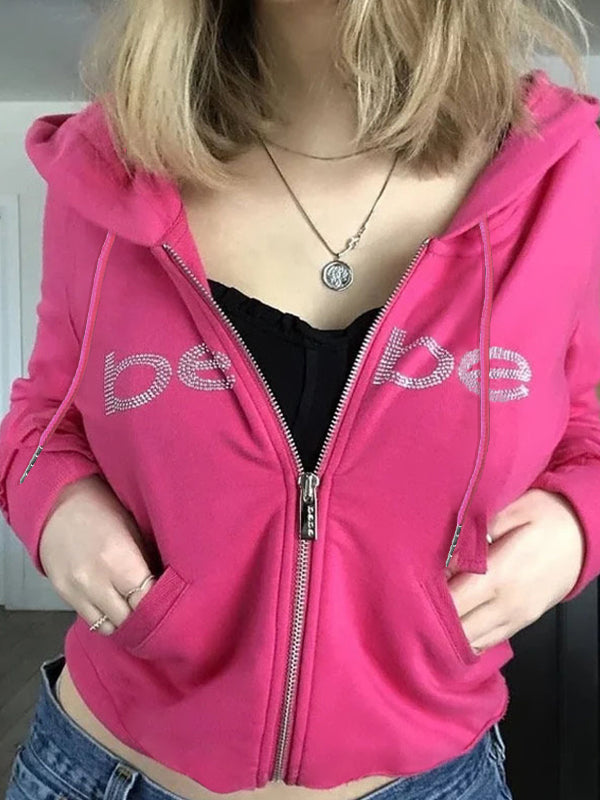 Barbie Pink Letter Rhinestone Print Zip Up Oversized Hoodie