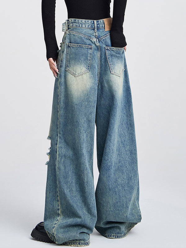 Loose high-waisted versatile straight leg Ripped Jeans