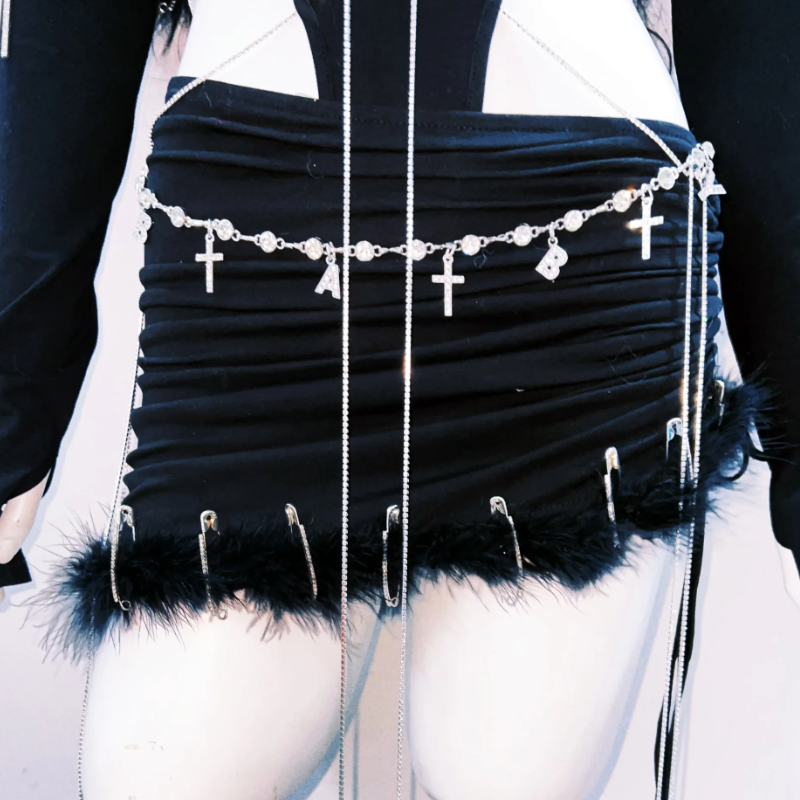 Metal chain v neck halter fluffy mini skirt set  | Festival Outfits Women