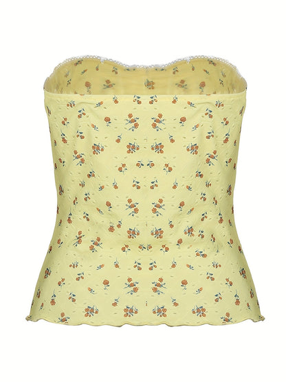 Floral Pattern Eyelet Tube Top, Y2K Ruched Strapless Slim Top For & Summer, Clothing