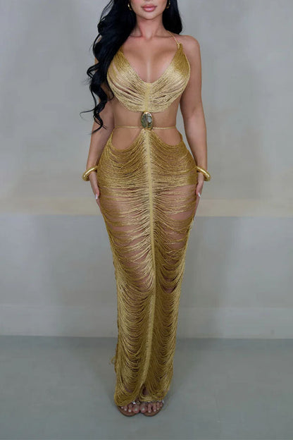 Tulum Goddess Hollow-Out Fringe Dress