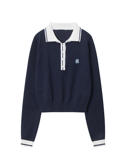 Preppy Letter Embroidery Lapel Neck Long Sleeve Knit