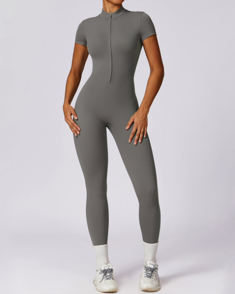 Zippered Short-Sleeved Slim-Fit Jumpsuit