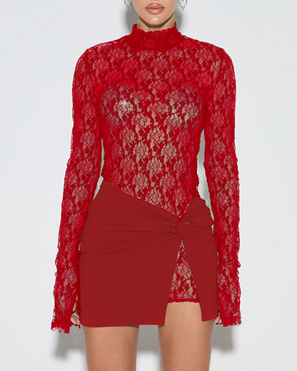 Lace See-Through Long-Sleeved Hip Skirt Suit