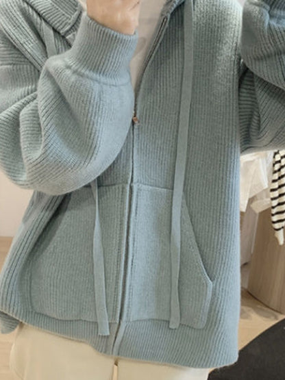 Solid Hooded Zip Up Knit Cardigan