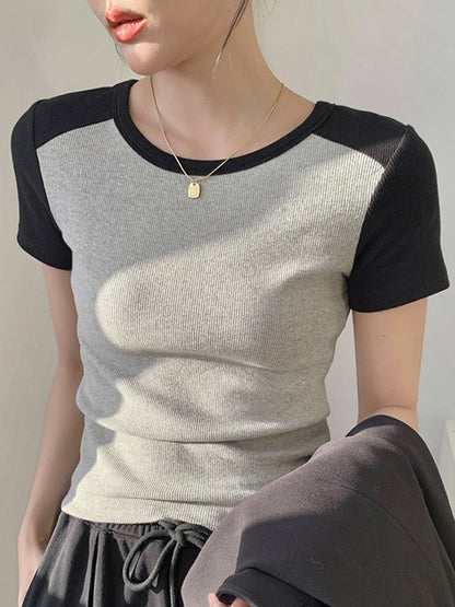 Contrast Color Stitching Crewneck Short Sleeve Knits