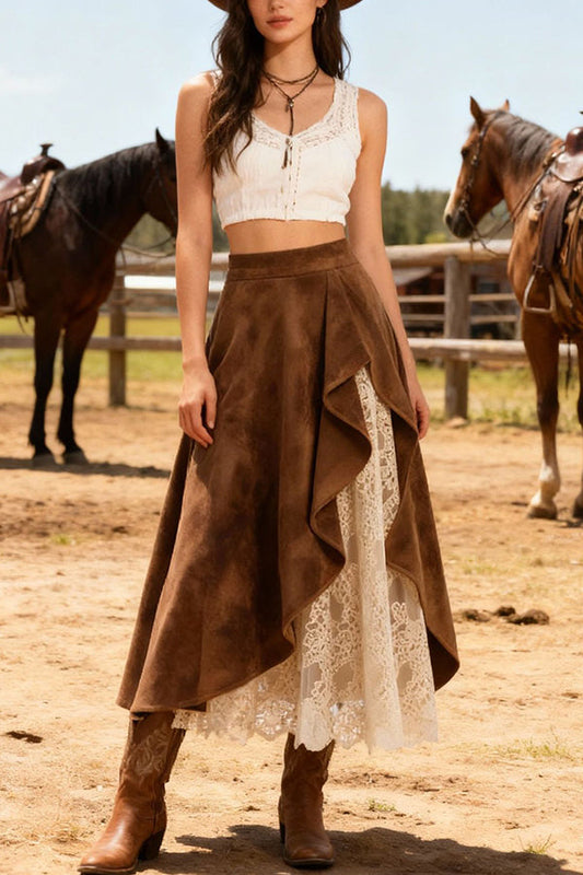 Stylish Suede and Lace Patchwork Elegant Asymmetrical Midi Skirt