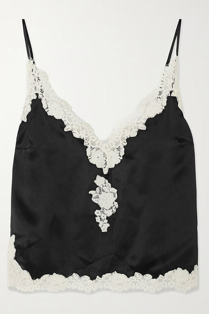Celebration Look Contrast Color Satin Lace Trim V-Neck Slip Tank