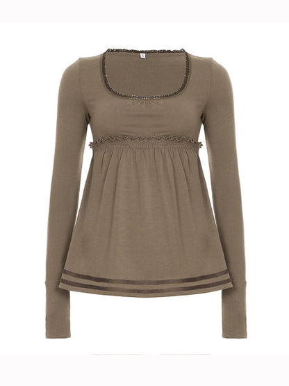 Brown Vintage Square Collar Stitching Long Sleeve Tee