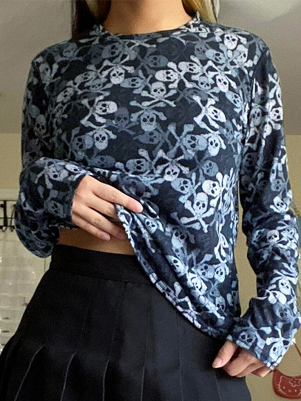 All Over Skull Print Long Sleeve Tee