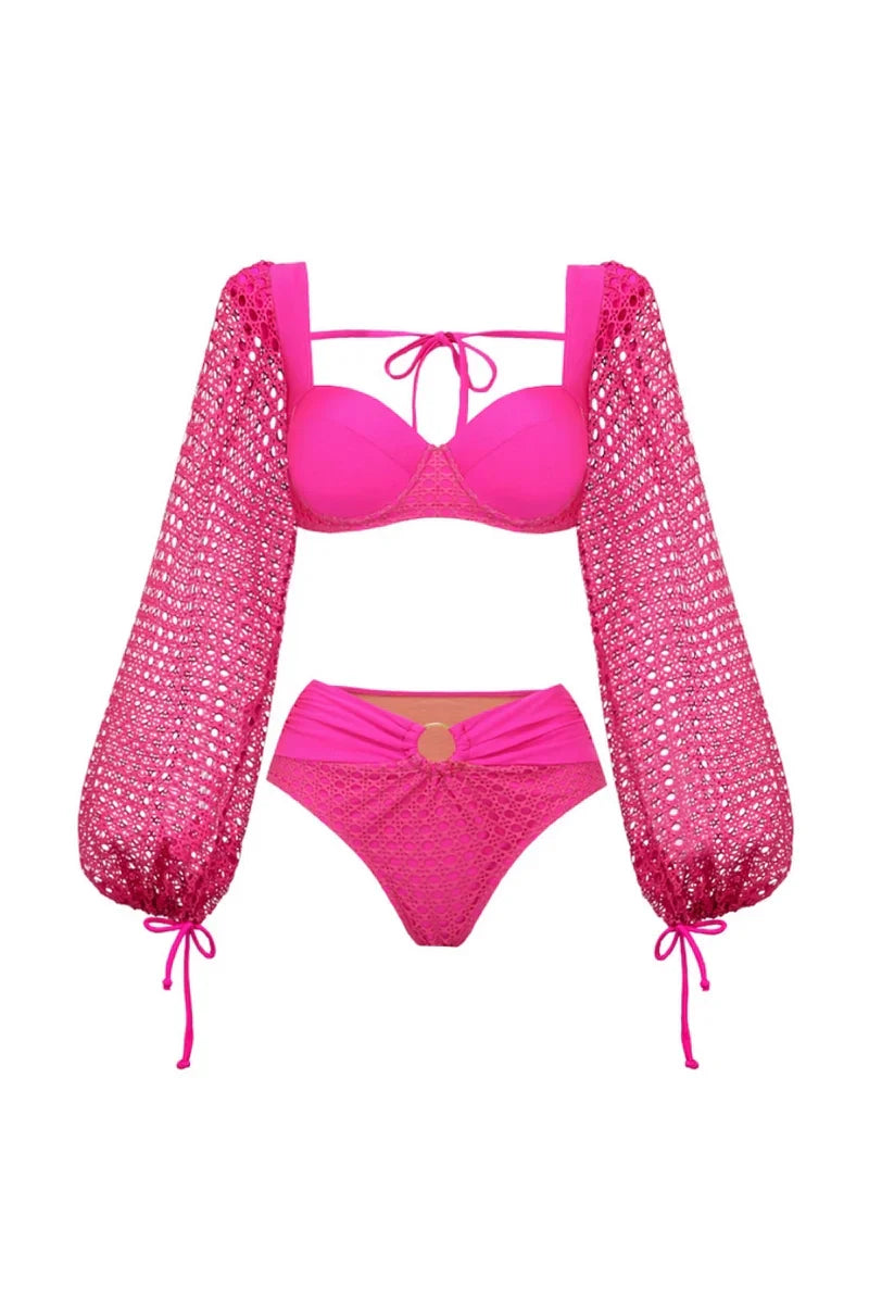 Conjunto de traje de baño sin espalda rosa fluorescente