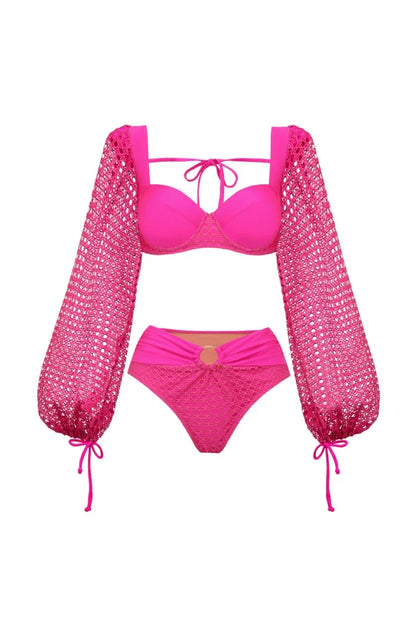Conjunto de traje de baño sin espalda rosa fluorescente