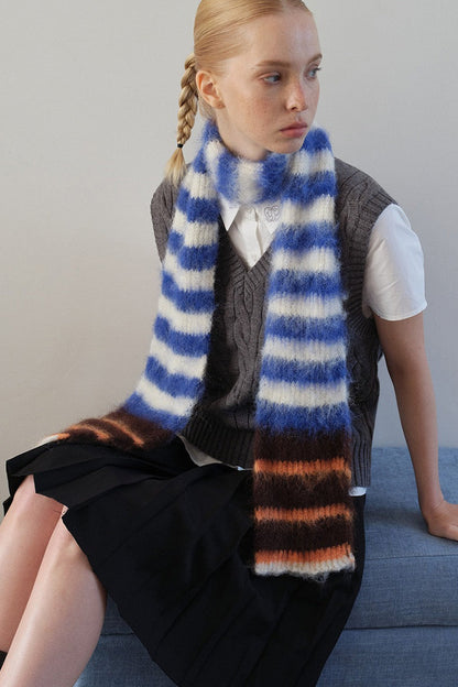 Contrast Striped Narrow Soft Wool Blend Knitted Scarf