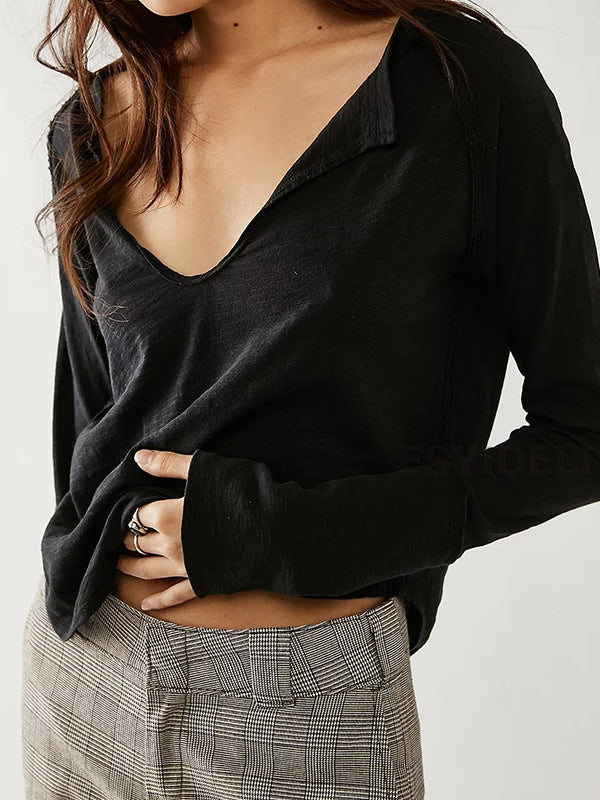 Solid Notch Neck Long Sleeve Tee