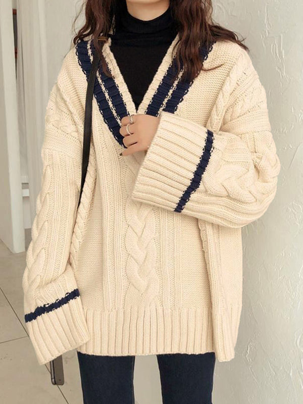 Contrast Color V Neck Cable Knit Sweater