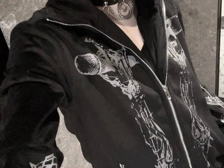 Printed Hooded Zipper Jacket