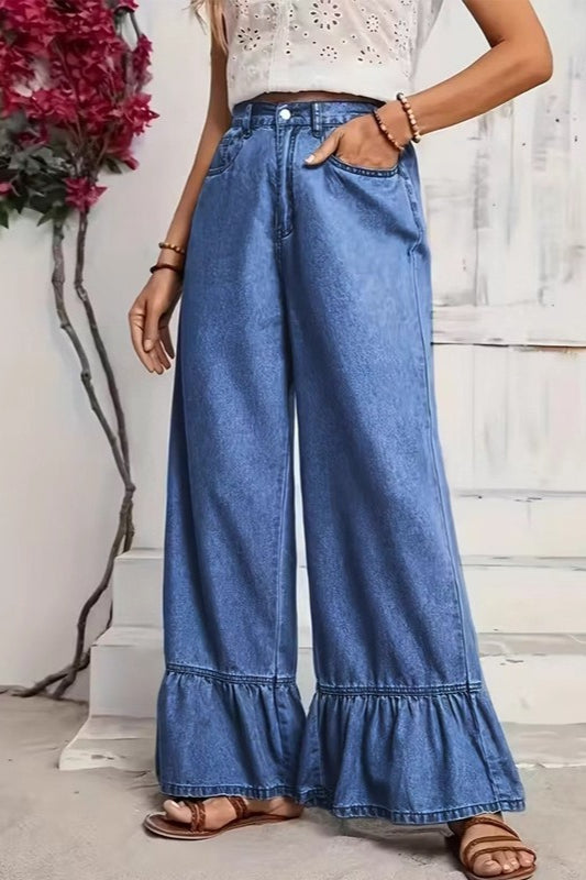 Flax Ruffle Wide Leg Ruffled Wide Leg Straight Loose Floor Length Jeans – Lilyprettygal