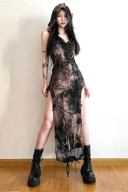 Tassel Hooded High Split Midi Dress