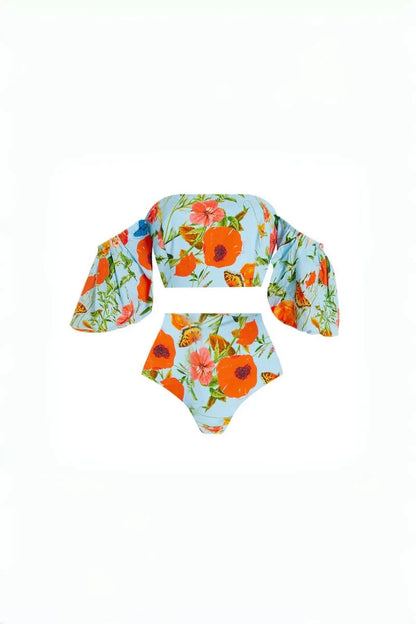 Conjunto de bikini de cintura alta con mangas abullonadas y estampado floral