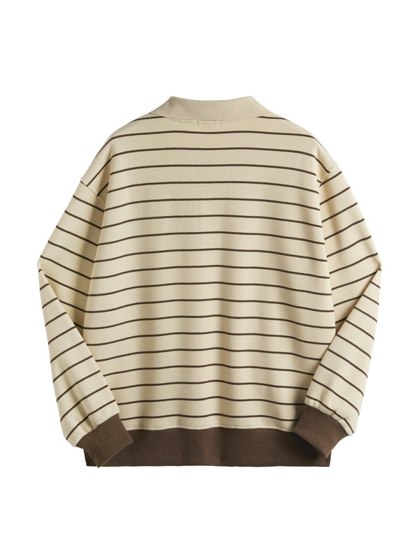 Stripe Print Bear Embroidery Shirt Neck Oversized Hoodie