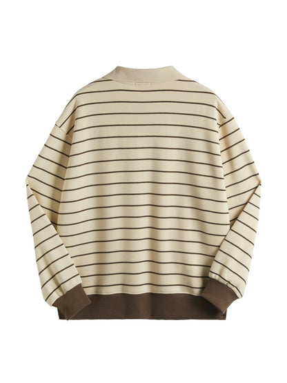 Stripe Print Bear Embroidery Shirt Neck Oversized Hoodie