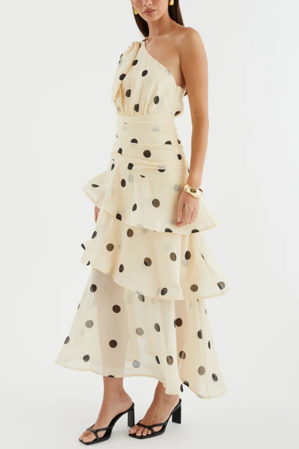 Fashionable Polka Dot Print One-shoulder Sleeveless Layered Mesh Maxi Dress