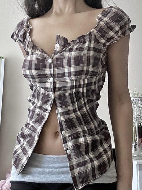 Brown Vintage Square Neck Wrap Shoulder Plaid Short Sleeves Shirts