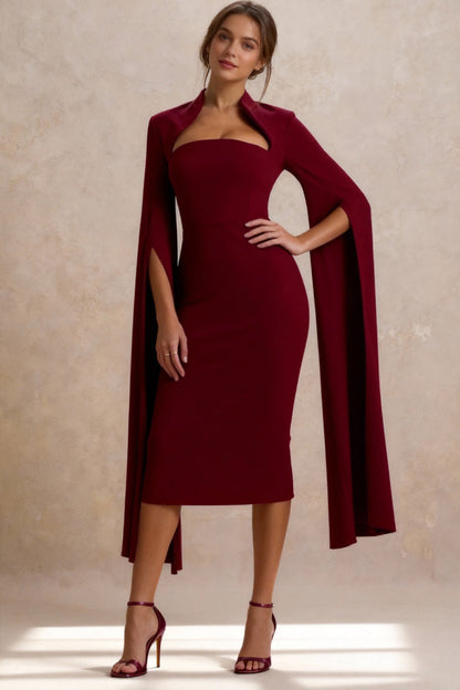 Cape Sleeve Slit Bodycon Midi Dress