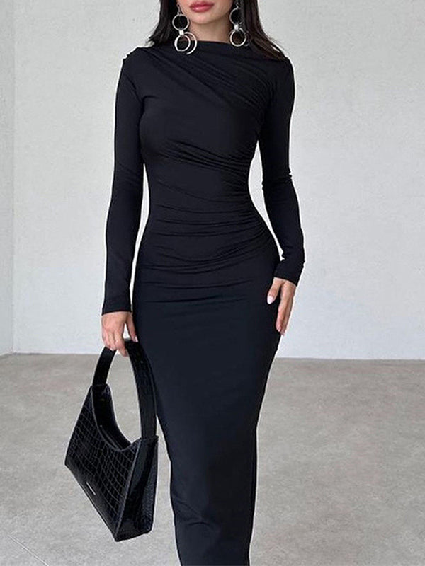 Slim Fit Solid Color Temperament Long Hip-Wrapped Dress
