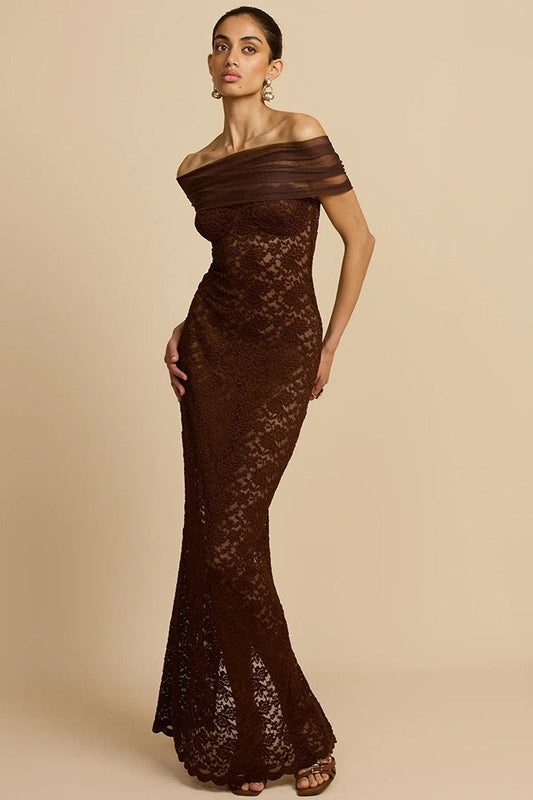 Lace See-Through Off-Shoulder Fishtail Party Dress