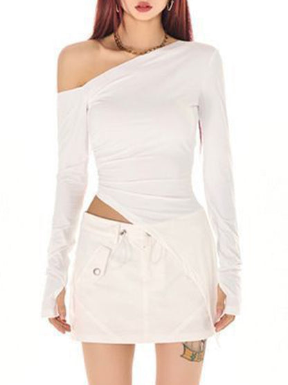 Slanted Shoulder Ruched Irregular Hem Long Sleeve Tee
