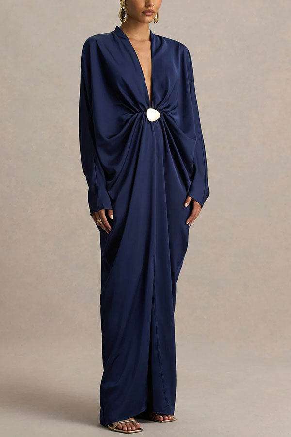 Tina Satin Plunge V-neck Gold Trim Detail Long Batwing Sleeve Maxi Dress