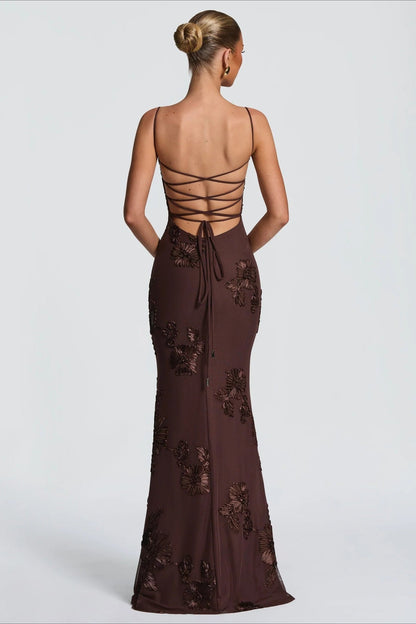 3D Applique Bone Pad Tie Back Solid Prom Dress