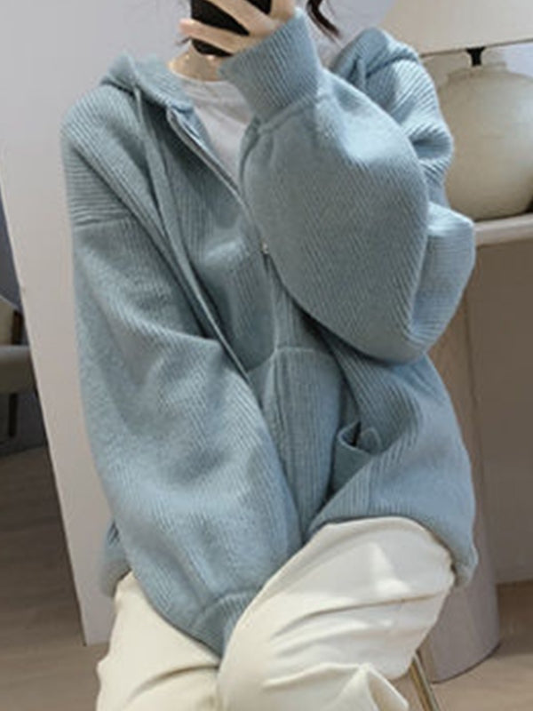 Solid Hooded Zip Up Knit Cardigan