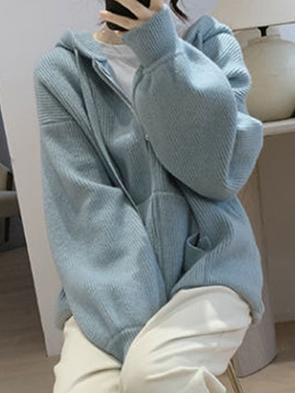 Solid Hooded Zip Up Knit Cardigan